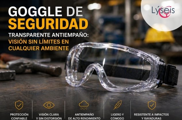 Goggle de seguridad transparente antiempaño con lente de alto rendimiento, resistente a impactos y rayaduras, ligero y cómodo para uso industrial prolongado.
