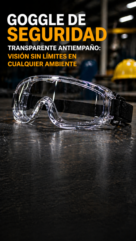 Goggle de seguridad transparente antiempaño con lente de alto rendimiento, resistente a impactos y rayaduras, ligero y cómodo para uso industrial prolongado.