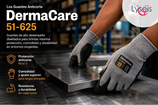 Trabajador industrial manipulando lámina metálica con guantes anticorte DermaCare 51-625 de polietileno AD, certificación EN388 nivel D, recubrimiento de poliuretano en palma.