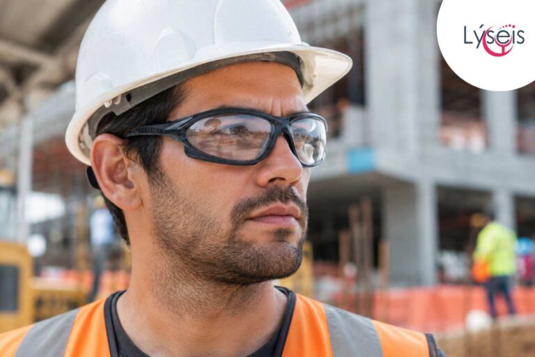 Trabajador de construcción utilizando lentes de seguridad UVEX Seismic Claro S0600HS para protección ocular en obra.